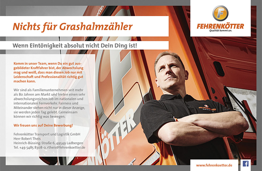 Rudi Schubert, Schubert-Fotografie, Studio für professionelle Werbefotografie, junges kreatives Team, Werbefotografie Münster, Werbefotografie Osnabrück, Werbefotografie, Recruiting, Fehrenkötter Anzeige, Fehrenkötter Transport Logistik, Jobanzeige, LKW-Fahrer, Kraftfahrer